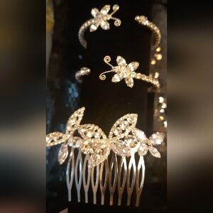 🦋New Elegant Silver Rhinstone Crystal Butterfly Hair Accessory And Bracelet Set